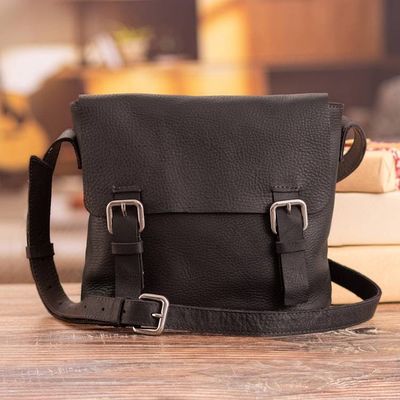 Alternate image for Adjustable 100 Leather Messenger Bag in Black Made in Peru Message at Night