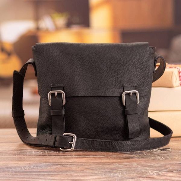 Alternate image for Adjustable 100 Leather Messenger Bag in Black Made in Peru Message at Night