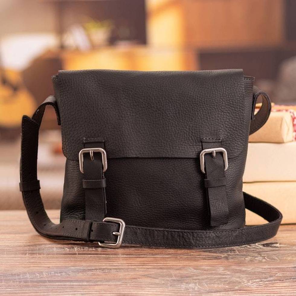 Adjustable 100 Leather Messenger Bag in Black Made in Peru 'Message at Night'