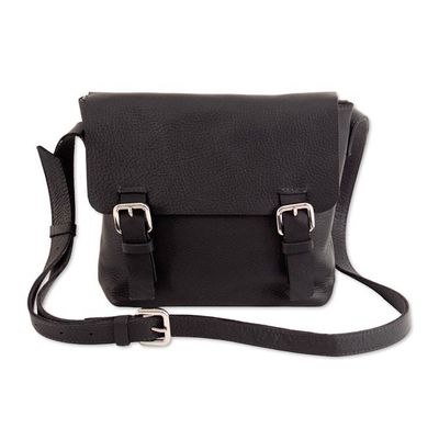 Alternate image for Adjustable 100 Leather Messenger Bag in Black Made in Peru Message at Night