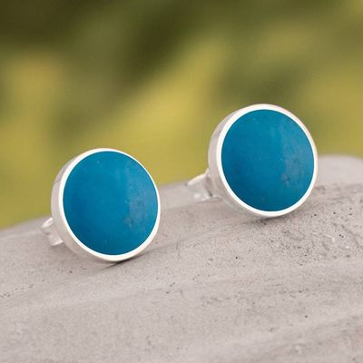 Primary image for Round Silver Button Earrings with Turquoise Chrysocolla Gems Classic Turquoise