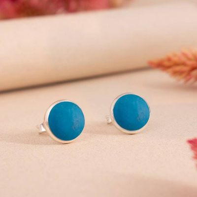 Alternate image for Round Silver Button Earrings with Turquoise Chrysocolla Gems Classic Turquoise