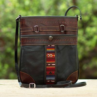Alternate image for Handcrafted Brown and Black Leather Sling with Wool Accent Andina
