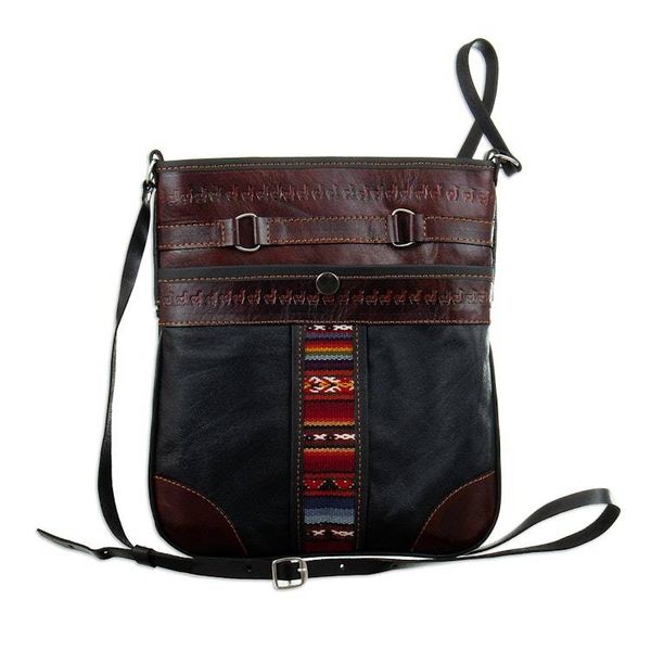 Alternate image for Handcrafted Brown and Black Leather Sling with Wool Accent Andina