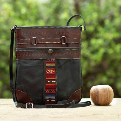 Alternate image for Handcrafted Brown and Black Leather Sling with Wool Accent Andina