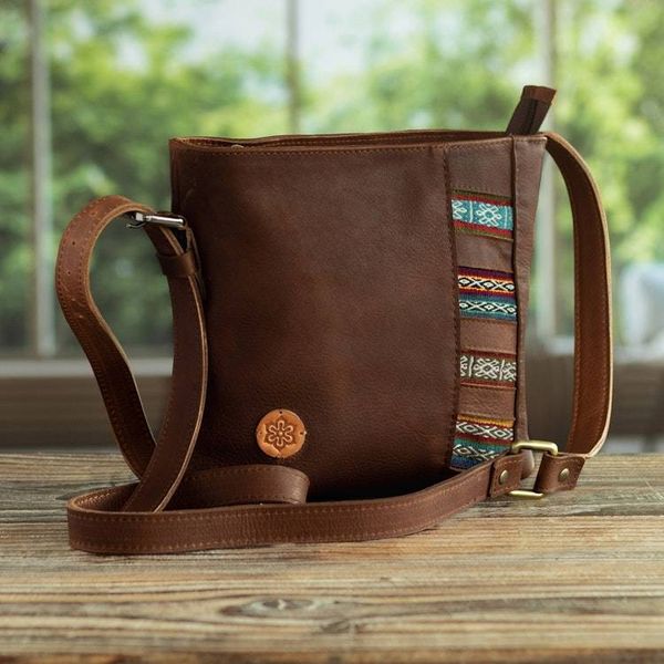 Alternate image for Peruvian Artisan Crafted Brown Leather Shoulder Bag Sunday Walk