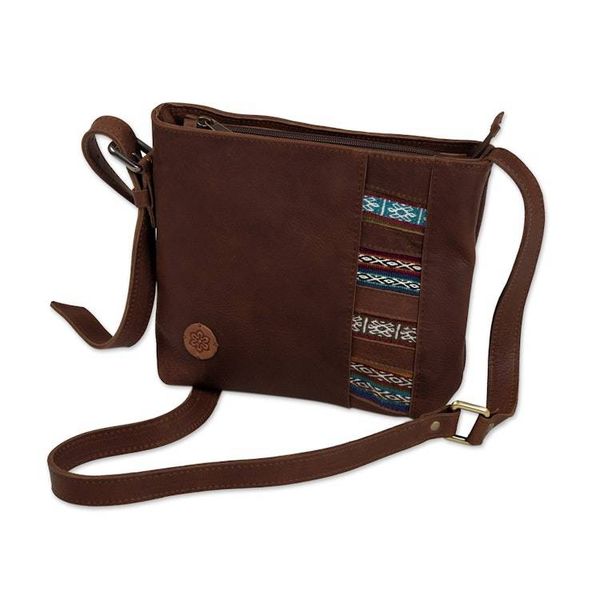 Alternate image for Peruvian Artisan Crafted Brown Leather Shoulder Bag Sunday Walk