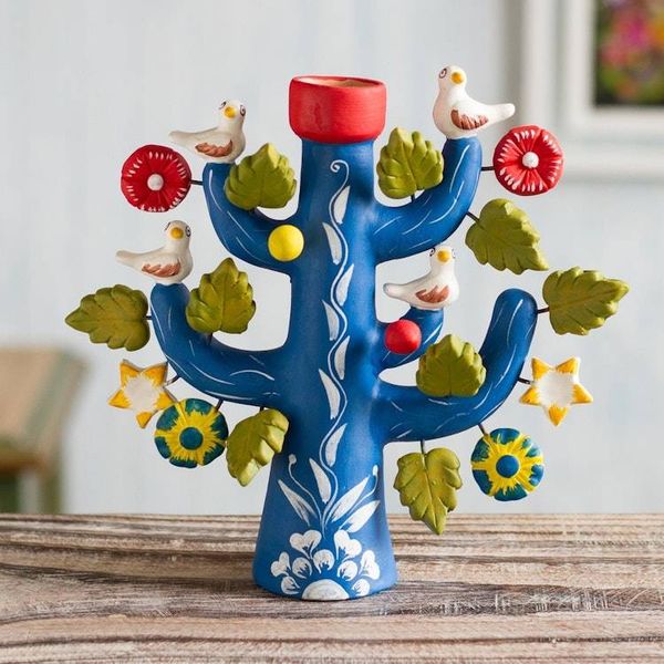 Alternate image for Artisan Crafted Ceramic Folk Art Candleholder from Peru Ocean Tree of Life