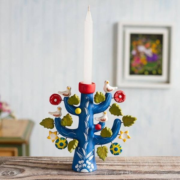 Alternate image for Artisan Crafted Ceramic Folk Art Candleholder from Peru Ocean Tree of Life