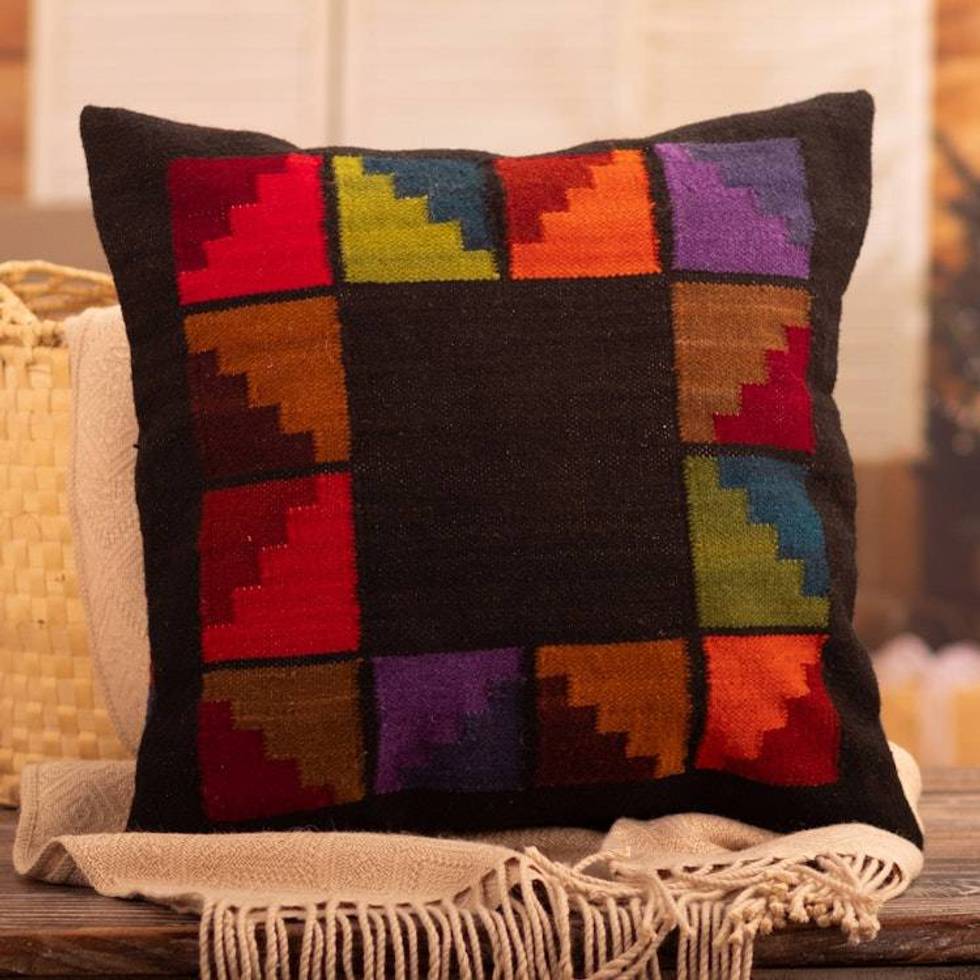Multicolored Hand-Woven Wool Cushion with Geometric Motifs 'Geometric Style'