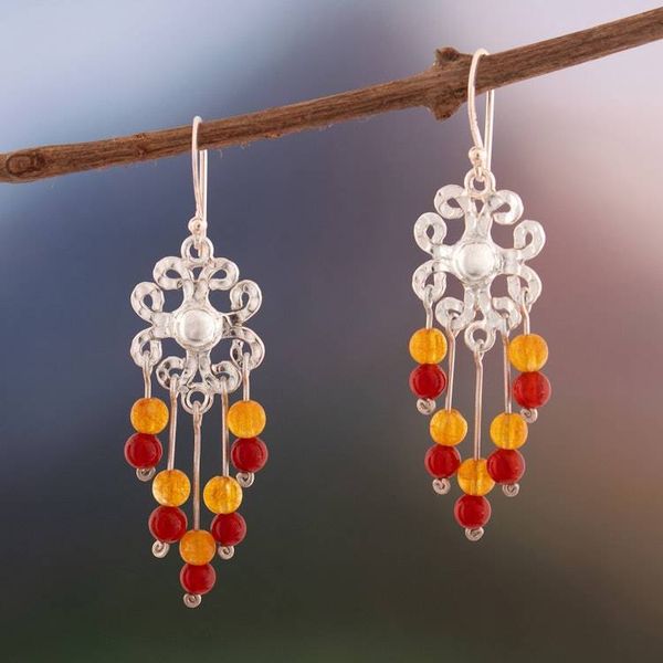 Alternate image for Citrine and Agate-Accented Silver Floral Chandelier Earrings Vibrant Flowers