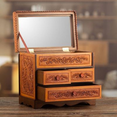 Alternate image for Handcrafted Classic Brown Wood and Leather Jewelry Box Baroque Mysteries