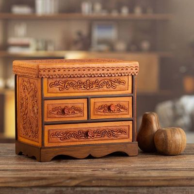 Alternate image for Handcrafted Classic Brown Wood and Leather Jewelry Box Baroque Mysteries