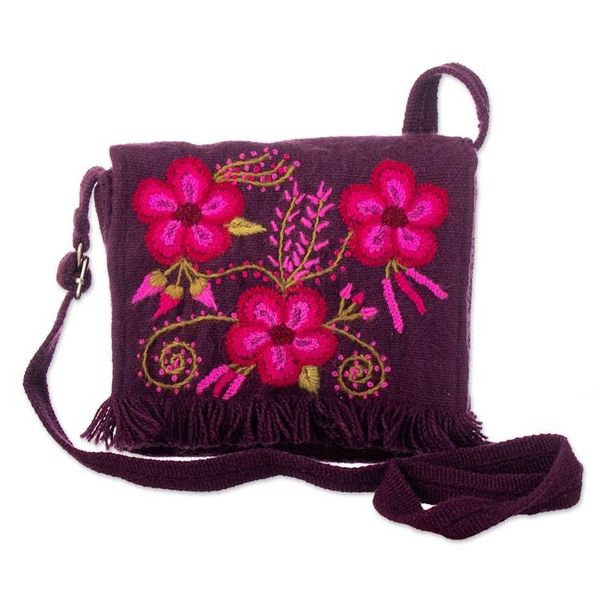 Alternate image for Hand-Woven  Embroidered Purple Sling Bag with Floral Accent Floral Traditions