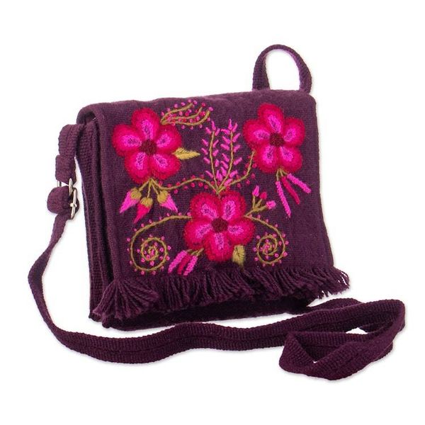 Alternate image for Hand-Woven  Embroidered Purple Sling Bag with Floral Accent Floral Traditions