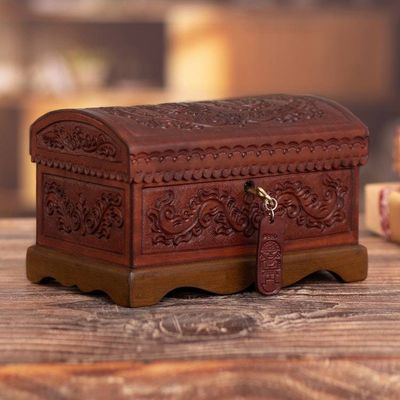 Alternate image for Embossed Leather Leaves on Mohena Wood Treasure Chest Box Classic Inspiration