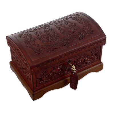 Alternate image for Embossed Leather Leaves on Mohena Wood Treasure Chest Box Classic Inspiration
