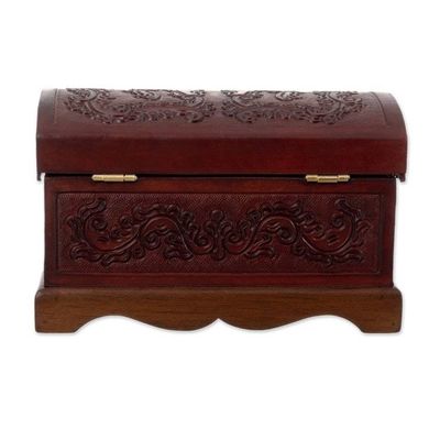 Alternate image for Embossed Leather Leaves on Mohena Wood Treasure Chest Box Classic Inspiration