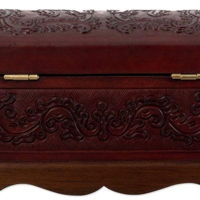 Alternate image for Embossed Leather Leaves on Mohena Wood Treasure Chest Box Classic Inspiration