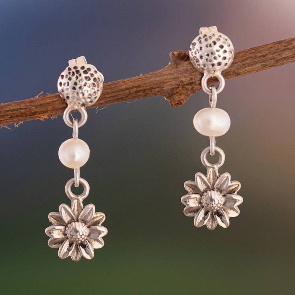 Oxidized and Polished Floral Cultured Pearl Dangle Earrings 'Oceanic Spring'