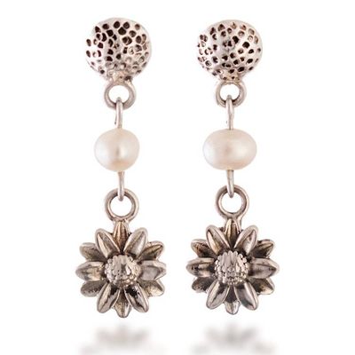 Alternate image for Oxidized and Polished Floral Cultured Pearl Dangle Earrings Oceanic Spring