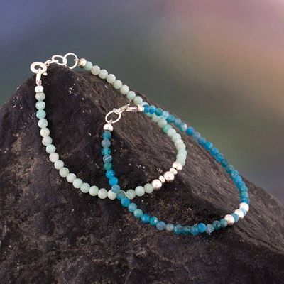 Alternate image for Pair of Amazonite Agate Silver Beaded Wristband Bracelets Sea Reflections