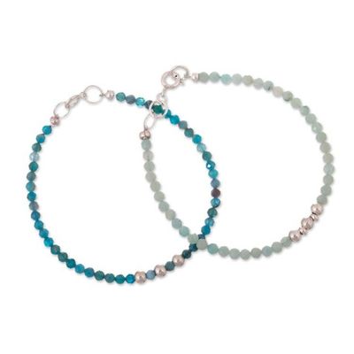 Alternate image for Pair of Amazonite Agate Silver Beaded Wristband Bracelets Sea Reflections