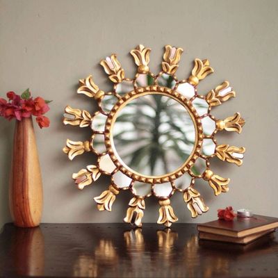 Alternate image for Mohena Wood Round Sun Mirror with Bronze Leaf Fleur de Lis