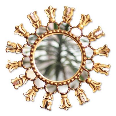 Alternate image for Mohena Wood Round Sun Mirror with Bronze Leaf Fleur de Lis