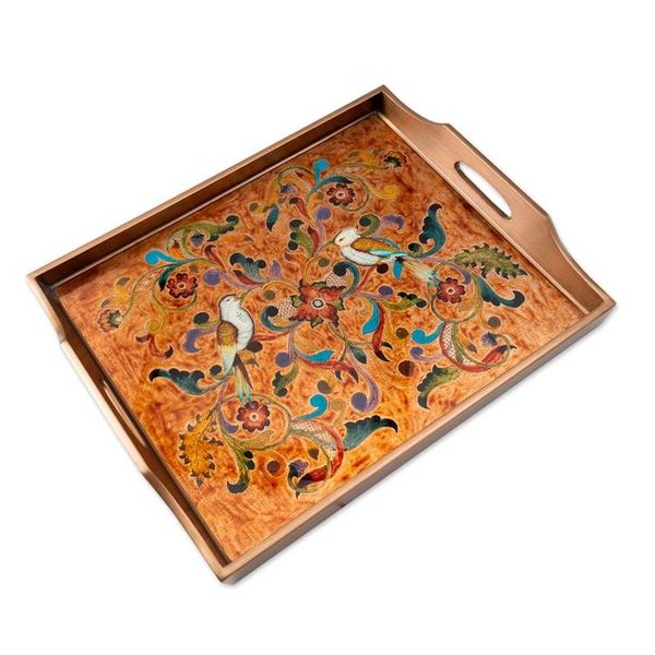 Alternate image for Reverse Painted Glass Tray with Bird and Floral Motifs Countryside Garden