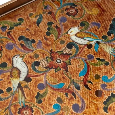 Alternate image for Reverse Painted Glass Tray with Bird and Floral Motifs Countryside Garden