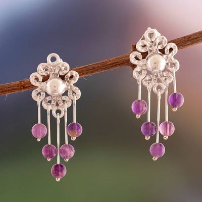 Primary image for Floral-Themed Silver Chandelier Earrings with Amethyst Gems Colorful Flowers