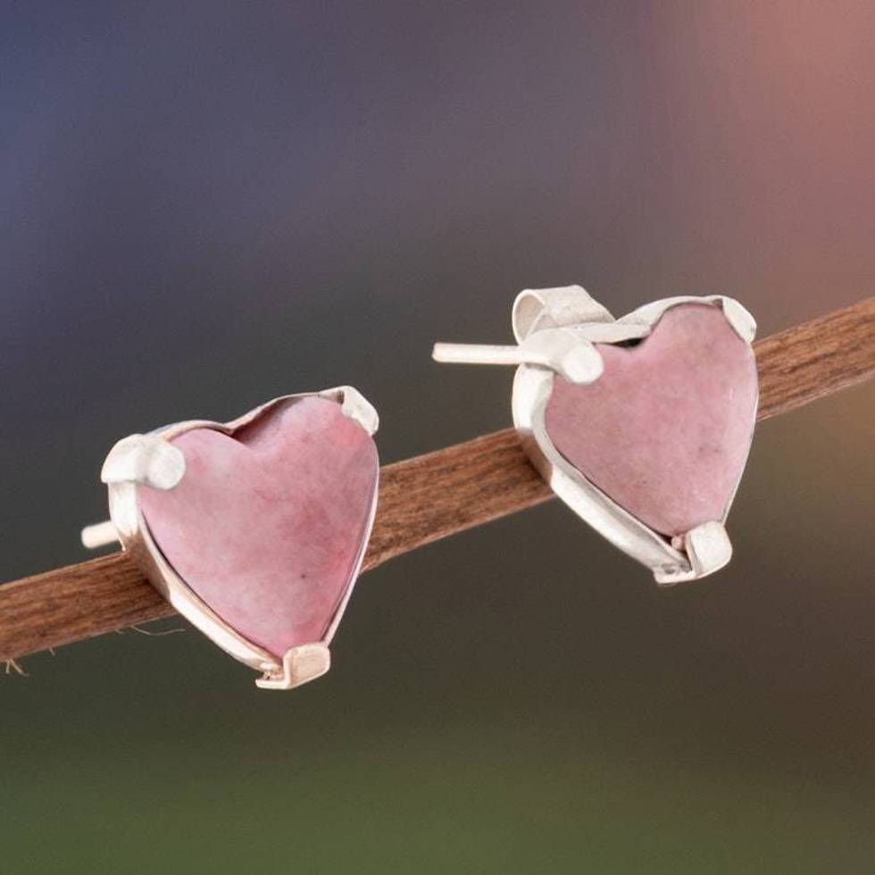 Romantic Heart-Shaped Natural Rhodonite Button Earrings 'Pink Liaisons'
