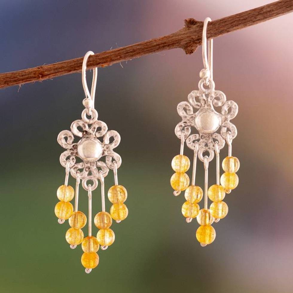 Hammered Polished Citrine Silver Floral Chandelier Earrings 'Sunny Chandeliers'