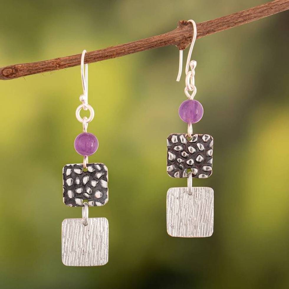 Natural Amethyst Beads and Sterling Silver Dangle Earrings 'Wise Root'