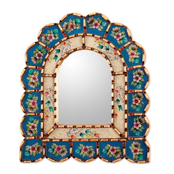 Alternate image for Bronze-Gilded Reverse-Painted Glass Floral Wall Mirror Blooming Arrangement
