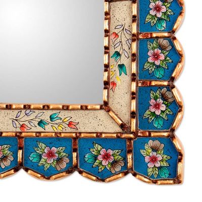 Alternate image for Bronze-Gilded Reverse-Painted Glass Floral Wall Mirror Blooming Arrangement