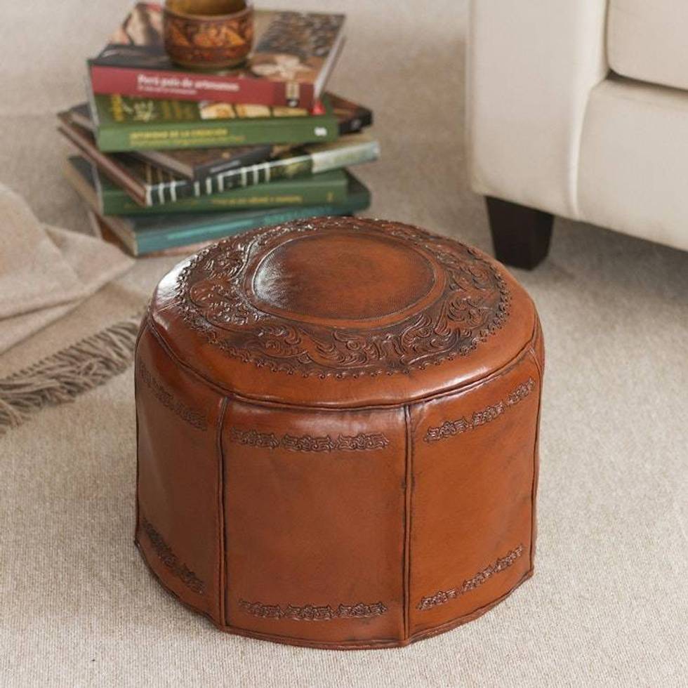 Colonial Leather Pouf Ottoman Cover 'Spanish Elegance'