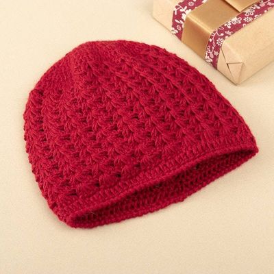Alternate image for Hand-Crocheted Crimson Alpaca Cozy Winter Hat Crimson Stars Align