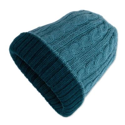 Alternate image for Reversible 100 Alpaca Cable Knit Hat in Teal and Green Warm and Soft