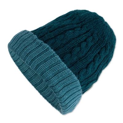Alternate image for Reversible 100 Alpaca Cable Knit Hat in Teal and Green Warm and Soft