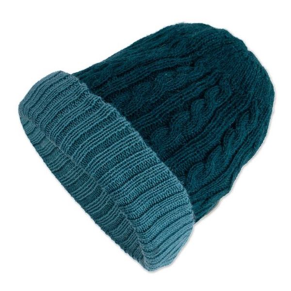 Alternate image for Reversible 100 Alpaca Cable Knit Hat in Teal and Green Warm and Soft