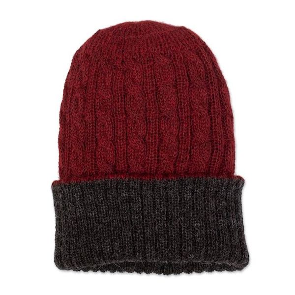 Alternate image for Reversible 100 Alpaca Cable Knit Hat in Red and Grey Warm and Vibrant