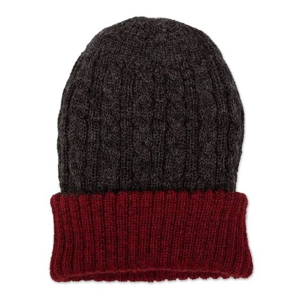 Alternate image for Reversible 100 Alpaca Cable Knit Hat in Red and Grey Warm and Vibrant