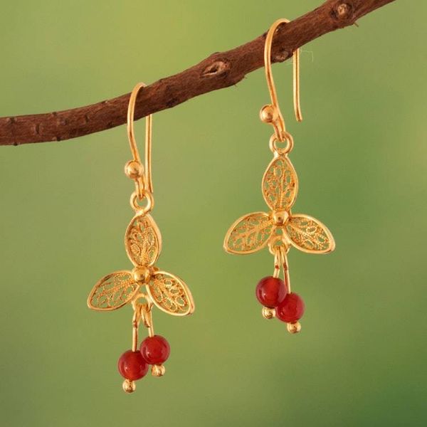 Alternate image for Lotus Flower Gold-Plated Carnelian Filigree Dangle Earrings Red Lotus Flower