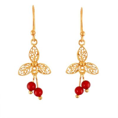 Alternate image for Lotus Flower Gold-Plated Carnelian Filigree Dangle Earrings Red Lotus Flower