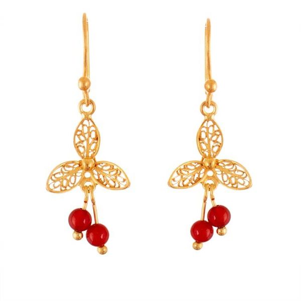 Alternate image for Lotus Flower Gold-Plated Carnelian Filigree Dangle Earrings Red Lotus Flower