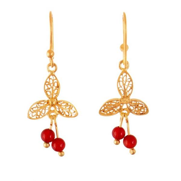 Alternate image for Lotus Flower Gold-Plated Carnelian Filigree Dangle Earrings Red Lotus Flower