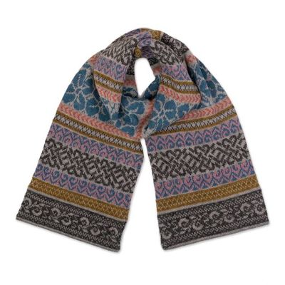 Alternate image for Patterned Multicolor 100 Alpaca Scarf Handwoven in Peru Wintry Petals