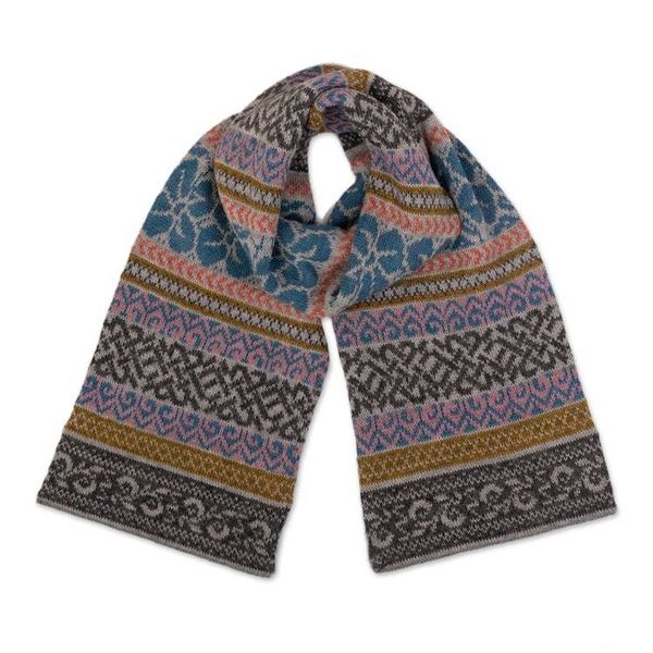 Alternate image for Patterned Multicolor 100 Alpaca Scarf Handwoven in Peru Wintry Petals